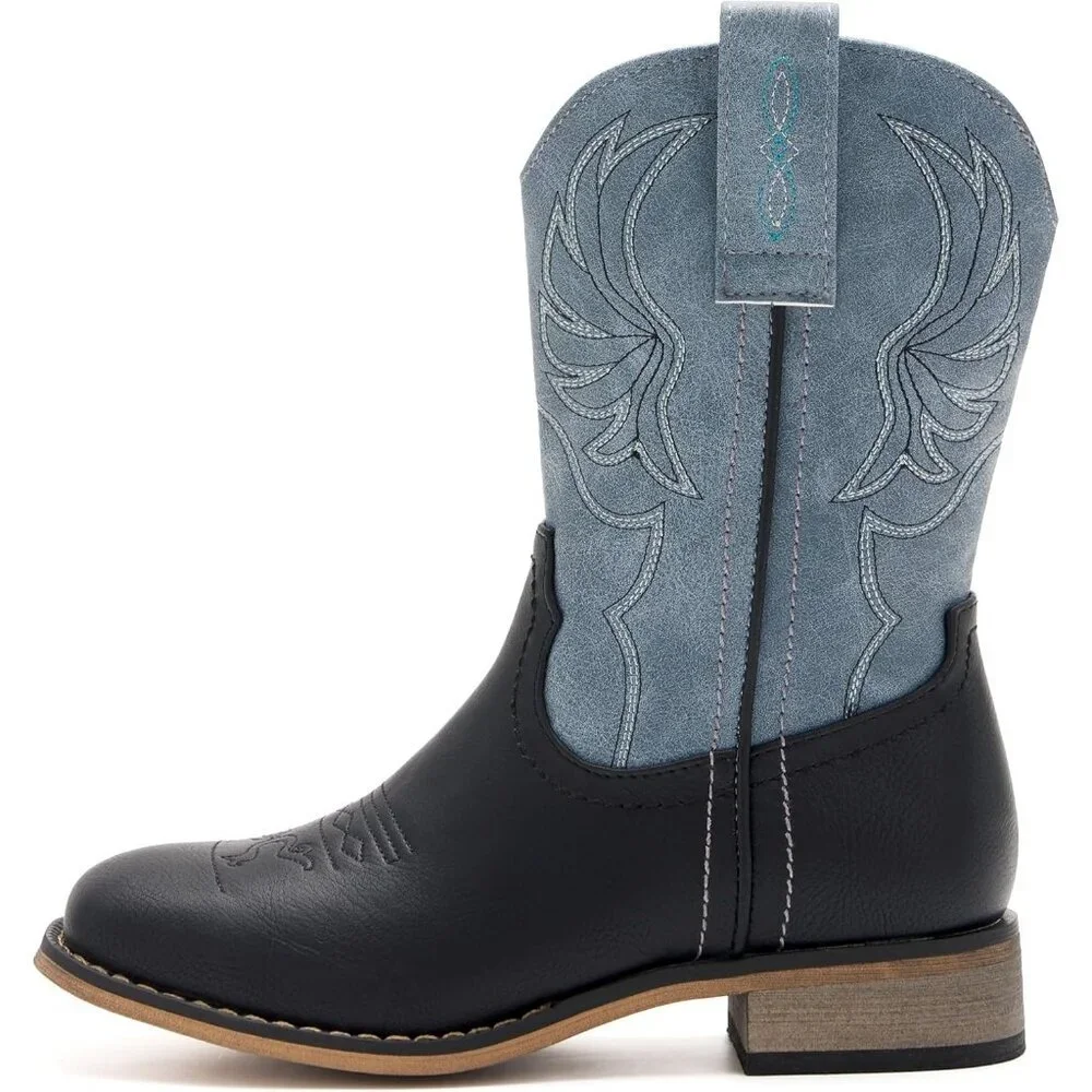 ⚡Girls Blue Black Embroidered Cowgirl Boots Western Square Toe Mid Calf